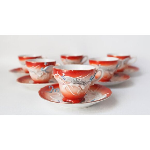 Vintage Moriage Dragon Ware Teapot Sugar Bowl Creamer 6 Demi Tasse Cups & Saucer - Picture 2 of 10